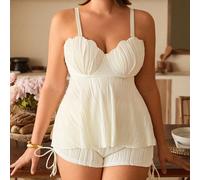 2 pezzi/set Bikini Plus Size per donna - Top bikini a fascia a fantasia conchiglia bianca e pantaloncini abbinati, costumi da bagno per vacanza al resort 0XL,1XL,2XL,3XL,4XLColore unicoMaglia a coste