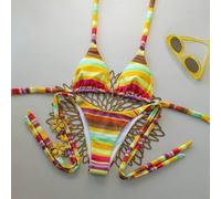 2 pezzi Set bikini sexy a righe dopamina con top allacciato al collo regolabile + slip a vita bassa | Costume da bagno da vacanza da dea per spiaggia estiva giallo L,M,S,XS,XXSA strisceTessuto