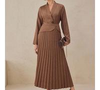 2 pezzi/set Blazer versatile per pendolari e gonna midi plissettata, outfit elegante in stile francese con vita svasata e snellente, gonna marrone, autunno/inverno L,M,S,XLColore unicoTessuto intrecci