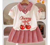 2 pezzi/Set Blusa a maniche corte e gonna a quadri per ragazze giovani, camicia con stampa di ciliegie e lettere, outfit dolce e alla moda, estate, giorno della carriera, ritorno a scuola 6Y,7Y,8Y,4Y,