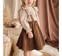 2 pezzi/set Blusa a maniche lunghe con scollo tondo e motivo floreale ditsy e abito salopette, set camicia e salopette con motivo floreale in stile campagnolo per ragazze giovani 6Y,7Y,4Y,5YPoliestere