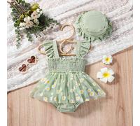 2 pezzi/set body da neonata con cappello, casual carino ed elegante, con rete e margherite, adatto per attività all'aperto in primavera/estate 6-9M,9-12M,12-18M,1-3M,3-6MFloreale,PianteCotone,Tessuto 