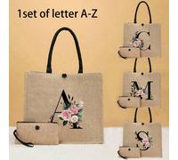 2 pezzi/set Borsa a tracolla in lino con stampa floreale e lettera minimalista, borsa da viaggio minimalista, borsa cosmetica, borsa da viaggio per il trucco di grande capacità, borsa portatile multif