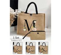 2 pezzi/set, Borsa a tracolla in lino semplice con stampa di margherite color cachi, borsa da spiaggia con portamonete, borsa portatile con fibbia, regalo per amiche, borsa a tracolla versatile e port