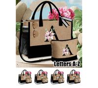 2 pezzi/Set Borsa mare da donna con cinghie per le spalle, una borsa per il trucco, borsa accessori da spiaggia con lettera A-Z, borsa personalizzata con tasche laterali, borsa da spiaggia con sciarpa