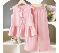 2 pezzi/set Camicetta con fiocco e orlo arricciato e pantaloni tinta unita per bambine/ragazze, completo minimalista in lino per l estate, 2 pezzi set bambine stile vintage con pantaloni a zampa, pigi