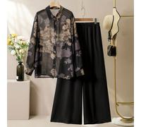 2 Pezzi/Set Camicetta fluida a maniche lunghe con stampa floreale casual e pantaloni in vita elastica, taglie grandi, Primavera/Autunno 0XL,1XL,2XL,3XL,4XLBlocchi di colore,Floreale,PianteTessuto intr