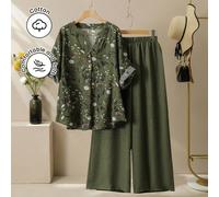 2 pezzi/set, camicetta larga con stampa floreale e maniche 3/4, pantaloni a vita elastica e gamba ampia, taglia curvy, adatti per la primavera/estate 0XL,1XL,2XL,3XL,4XLstampa dappertuttoTessuto intre
