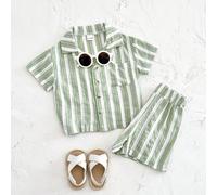 2 pezzi/set Camicia a maniche corte a righe verdi casual + pantaloncini per bambino, stile vacanziero estivo 6-9M,9-12M,12-18M,18-24M,2-3YA strisceTessuto