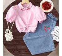 2 pezzi/set Camicia a maniche corte con colletto polo e stampa di ciliegie + pantaloni in denim di rayon per ragazze pre-adolescenti, abbigliamento casual per la scuola e il pendolarismo 8Y,9Y,10Y,11Y