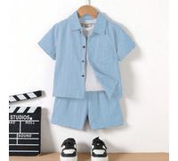 2 pezzi/set Camicia a maniche corte e pantaloncini casual da ragazzo, stile scolastico, comodi per uso quotidiano, adatti per uscite estive e la scuola 6Y,7Y,4Y,5Y,3-4YA striscePoliestere