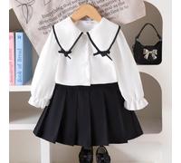 2 pezzi/set Camicia a maniche lunghe con colletto alla Peter Pan e gonna plissettata in stile preppy carino per bambine, primavera/autunno 6Y,7Y,4Y,5Y,2-3YBlocchi di coloreTessuto