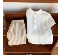 2 pezzi/set Camicia casual bianca con colletto alla coreana e pantaloncini a righe in vita elastica per bambino, adatto per festa di compleanno, festa serale, performance, matrimonio, festa di nascità