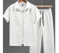 2 pezzi/Set Camicia casual estiva a maniche corte da uomo, camicia con colletto e bottoni e pantaloni lunghi con vita con cordoncino, outfit in tessuto dalla texture alla moda L,M,S,XL,XXLColore unico
