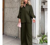 2 pezzi/set Camicia larga con spacchi laterali e pantaloni a vita alta a gamba ampia, elegante abbigliamento casual da donna per ufficio L,M,S,XL,XS,XXLTessuto intrecciato