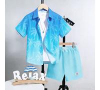 2 pezzi/set Camicia per ragazzi pre-adolescenti, camicia casual a maniche corte con colletto polo, stampa sfumata a palme, pantaloncini sportivi minimalisti, adatti per vacanze al mare e uso casual qu