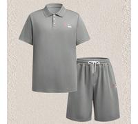 2 pezzi/Set Camicia polo a maniche corte e pantaloncini casual da uomo, stile minimalista romantico con motivo geometrico di Parigi, adatto per vacanze, attività all'aperto, uso quotidiano L,M,XL,XXL,