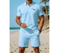 2 pezzi/Set Camicia polo a maniche corte e pantaloncini casual da uomo, stile minimalista romantico con motivo geometrico di Parigi, adatto per vacanze, attività all'aperto, uso quotidiano L,M,XL,XXL,