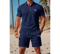 2 pezzi/Set Camicia polo a maniche corte e pantaloncini casual da uomo, stile minimalista romantico con motivo geometrico di Parigi, adatto per vacanze, attività all'aperto, uso quotidiano L,M,XL,XXL,