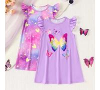 2 pezzi/set Camiciola da notte larga e ignifuga con maniche a sbuffo luminose, con motivi di cuori e farfalle, per ragazze, estiva 6Y,7Y,4Y,5YAnimale,Geometrico,FarfallaTessuto in maglia
