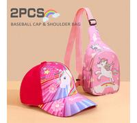 2 pezzi Set Cappellino da Baseball e Zainetto a Tema Unicorno per Ragazze, per Abbinamenti alla Moda e Conservazione, Adatto per il Ritorno a Scuola 3-8YFumettoPoliestere