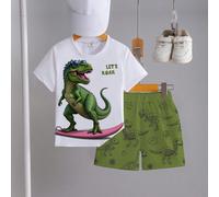2 pezzi Set casual carino per ragazzi giovani, t-shirt con stampa di dinosauro surfista e "LET'S ROAR", pantaloncini coperti di schizzi di dinosauri, set di t-shirt a maniche corte e pantaloncini adat