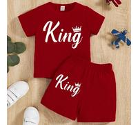 2 pezzi Set casual composto da maglietta con stampa della parola "Re" e pantaloncini per bebè/bambini piccoli di sesso maschile 6-9M,9-12M,12-18M,18-24M,2-3YTessuto in maglia