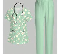 2 pezzi Set casual con stampa di margherite verdi, top da lavoro da donna con scollo a V, maniche corte, tasca, design con asola per l'orecchio e spacco, e pantaloni a gamba dritta, set da donna verde