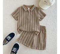2 pezzi Set casual da college sportivo per bambini e ragazzi, top a righe kaki con colletto polo, maniche corte, mezza zip e pantaloncini a righe kaki, adatto per uso quotidiano, ritorno a scuola, via