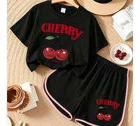 2 pezzi Set casual da ragazza, T-shirt con stampa "CHERRY" & ciliegia rossa, Pantaloncini a delfino con stampa ciliegia coordinati, Adatti per la stagione di ritorno a scuola, Abbigliamento estivo 6Y,