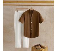 2 pezzi Set casual da uomo con camicia a maniche corte con colletto rialzato e scollo a V, set estivo in lino, stile Old Money, outfit accoglienti, vacanza, regali per la Festa del Papà L,M,S,XL,XS,XX