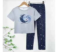 2 pezzi Set casual di maglietta a maniche corte e pantaloni con stampa cielo stellato per ragazzi, abbigliamento comodo per il tempo libero 8Y,9Y,10Y,11-12Y,13-14YGeometrico,Grafico,LettereTessuto
