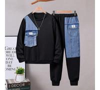 2 pezzi Set casual di moda per ragazzi, composto da felpa girocollo in denim con patchwork e pantaloni jogger in vita elastica, vestibilità morbida e comoda, adatto per autunno, primavera, inverno, us