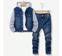 2 pezzi Set casual di moda per ragazzi pre-adolescenti nello stile Y2K vintage, composto da una giacca con cappuccio in maglia grigia a maniche lunghe e jeans skinny semplici e comodi in denim blu, ad