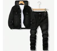 2 pezzi Set casual di moda per ragazzi pre-adolescenti nello stile Y2K vintage, composto da una giacca con cappuccio in maglia grigia a maniche lunghe e jeans skinny semplici e comodi in denim blu, ad
