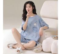 2 pezzi Set casual e semplice con top a maniche corte e pantaloncini stampati con conigli, ideale come regalo per la Festa della Mamma, San Valentino e Capodanno, per primavera/estate, colore azzurro 