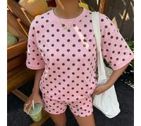 2 pezzi Set casual estivo da donna con maglietta a maniche corte con stampa a pois e logo cavallo "dopamina" e pantaloncini a pois, adatto per uso quotidiano, appuntamenti, feste, autunno/inverno, Nat