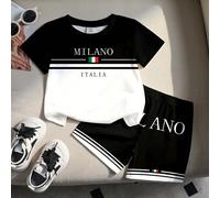 2 pezzi/Set Casual Fashion per Bambini Piccoli, T-shirt a Maniche Corte con Girocollo e Stampa a Quadri e Lettere MILANO, ITALIA e Pantaloncini Abbinati con Stampa Classica di Lettere Grandi, Set Casu
