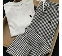 2 pezzi Set Casual, Maglietta a Girocollo Manica Corta e Pantaloni Quadrettati, Outfit Casual da Donna, Abbigliamento Estivo da Donna L,M,S,XL,XSGeometricoTessuto in maglia,Tessuto intrecciato