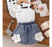 2 pezzi Set casual per ragazze giovani con top in maglia a spalla asimmetrica e pantaloncini di jeans. Il top presenta un design con balza su un lato e un motivo a righe per uno stile dolce e fresco. 