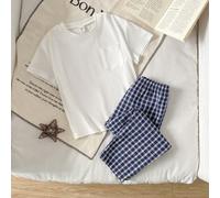 2 pezzi Set casual per ragazzo giovane, composto da maglietta bianca a maniche corte e pantaloni a quadri blu, abbigliamento comodo per il tempo libero 6Y,7Y,4Y,5YquadriTessuto in maglia,Tessuto intre