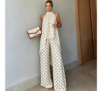 2 pezzi Set casual vintage a pois con top senza maniche corto davanti e lungo dietro e pantaloni a gamba larga, outfit estivo da spiaggia e vacanza elegante per lei L,M,S,XL,XS,XXLGeometrico,stampa da