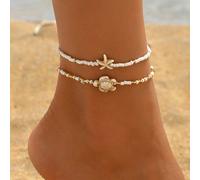 2 pezzi/set Cavigliera bohémien da spiaggia con perline, gioielli per i piedi con tema di animali marini e perle metalliche casuali, adatti per uso quotidiano e viaggi in spiaggia orovetro