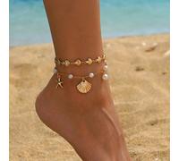 2 pezzi/set Cavigliera in metallo lega stile spiaggia e oceano fatta a mano con conchiglia, cavigliera con pendente a forma di conchiglia e stella marina dorata finta perla, gioielli alla moda per ado