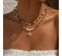 2 pezzi/Set Collana con catena clavicolare in perline di riso fatta a mano, versatile e alla moda, con ciondolo a stella marina minimalista popolare in oro, gioiello elegante per il collo da donna ada