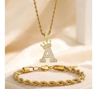 2 pezzi/set Collana con ciondolo a lettera 26 in zirconia incastonata in oro e rame, bracciale, accessori gioiello da strada, hip-hop, per ragazzi e ragazze, decorazione per feste, regali per famiglia