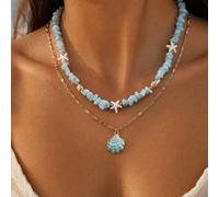 2 pezzi/Set Collana con ciondolo stile vacanza estiva con pietra blu frantumata e creature marine, stella marina bianca, conchiglia, decorazione con conchiglia blu, catena clavicolare, gioiello da col