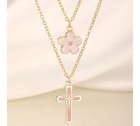 2 pezzi/set Collana con pendente a fiore a cinque petali e croce, adatta per ragazze, feste in spiaggia, vacanze, accessori gioiello per uso quotidiano rosa,blu,BiancoPianteAcciaio inossidabile