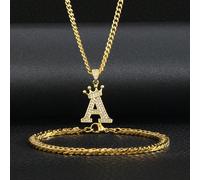 2 pezzi/set Collana e braccialetto con pendente a lettera in acciaio inossidabile dorato e zirconia cubica, accessori di moda di strada per bambini A,B,C,D,E,F,G,H,I,J,K,L,M,N,O,P,Q,R,S,T,U,V,W,X,Y,ZL