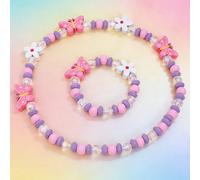 2 pezzi/Set Collana e braccialetto in legno con ciondolo a forma di farfalla, fiore, unicorno, arcobaleno, adatto per bambine e principesse, per uso quotidiano, feste per bambini e regali di compleann